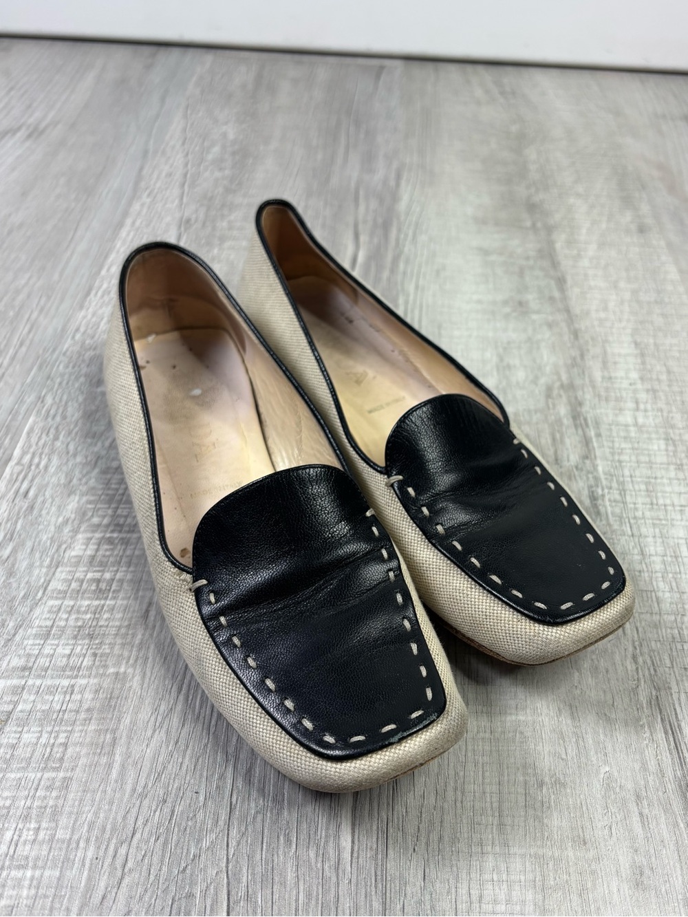 Prada two-tone leather and canvas loafers Size 39 black and cream